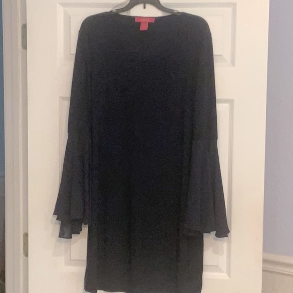 Classy navy dress with sheer flared sleeves L